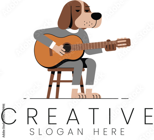 Cute Dog Playing Acoustic Guitar Music Illustration pet art fun gray song logo calm flat brown stool