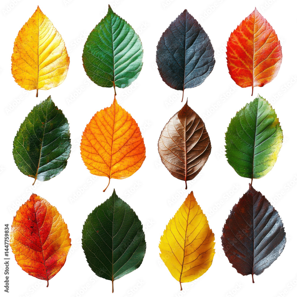 Obraz premium Colorful autumn leaves display nature close-up vibrant aesthetic. Isolated on transparent background, png.
