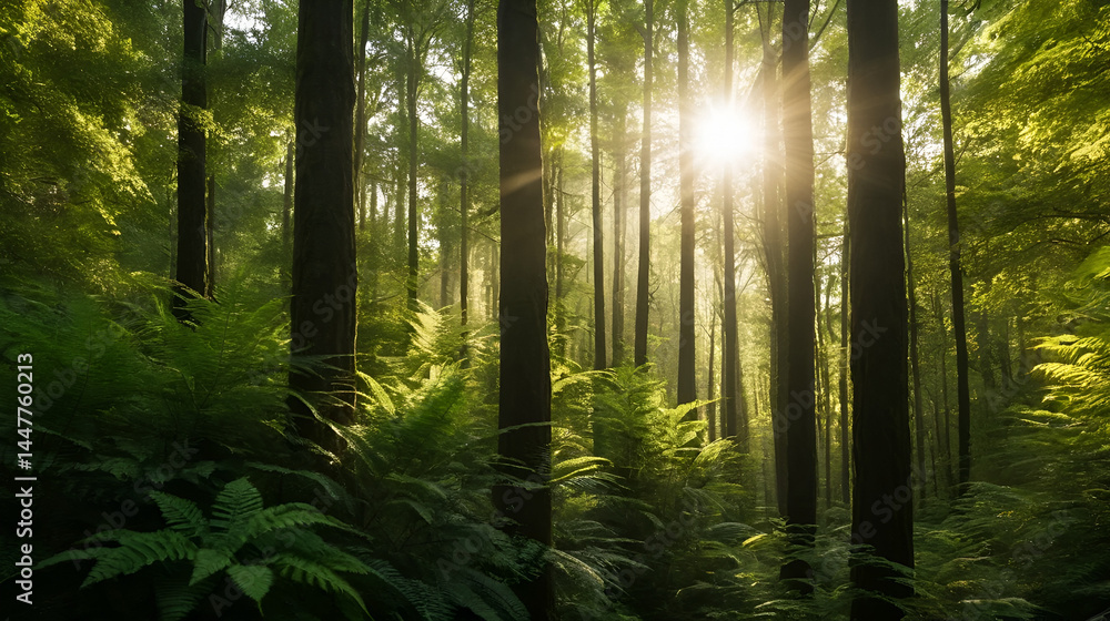 Obraz premium Vertical shot of golden sunlight seeping though dense forest foliage