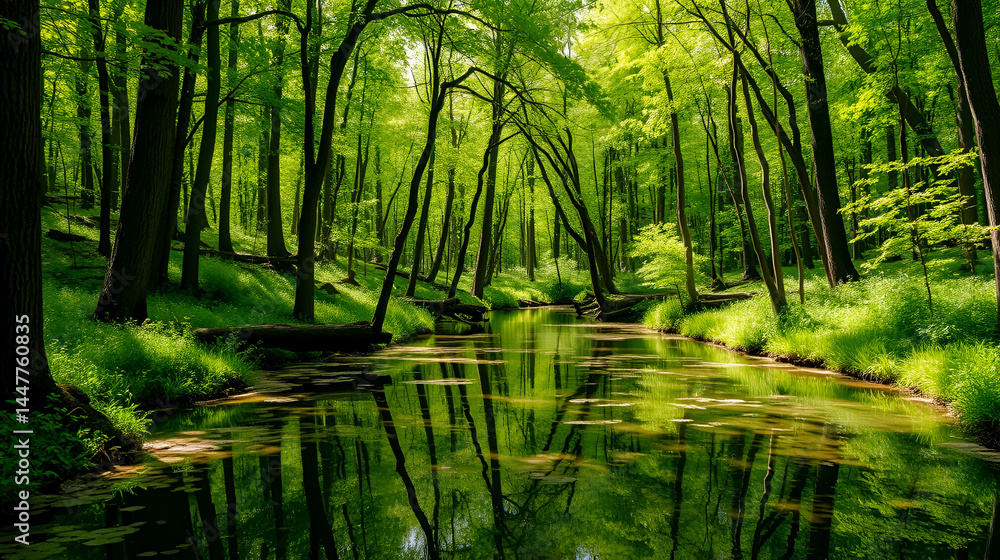 Fototapeta premium the forest in fertile spring and beautiful , refect the water closely divisibly