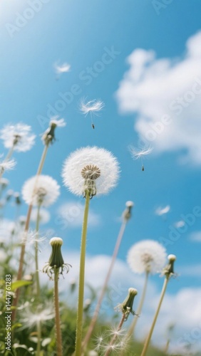 Dandelion Seeds Blowing in the Wind Against a Blue Sky