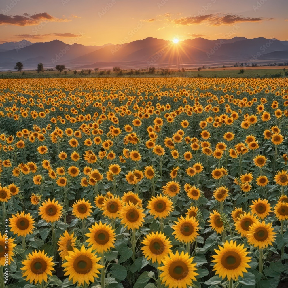 Fototapeta premium Sunflowers in rows, sunset hues paint distant mountains , idyllic, agriculture, landscape