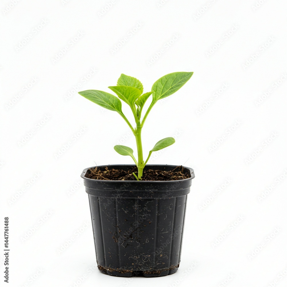 Fresh young plant seedling in a black pot against a white background Fresh young plant seedling in a black pot against a white background