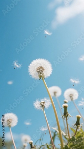 Dandelion seeds being blown in the wind against a clear blue sky