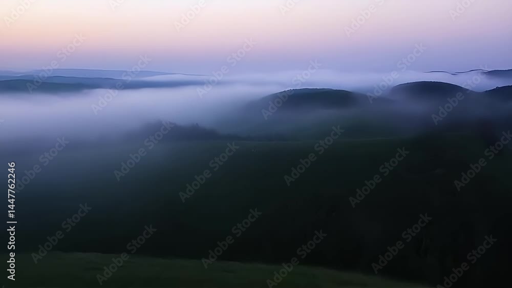 Rolling Green Hills Emerging Through Foggy Landscape Aerial View Rolling Green Hills Emerging Through Foggy Landscape Aerial View
