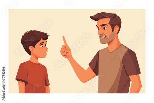 A father angrily points his finger while scolding his worried son in a cartoon style.