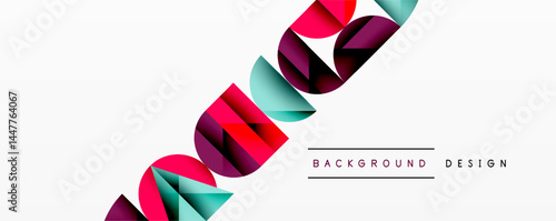 Abstract geometric shapes create dynamic composition. Bold colors, clean lines define modern design aesthetic. Minimalist style.