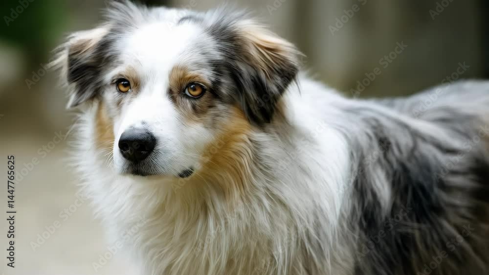 Close-up portrait of a beautiful Australian Shepherd dog with light brown eyes, white and gray fur, looking attentively. Close-up portrait of a beautiful Australian Shepherd dog with light brown eyes, white and gray fur, looking attentively.