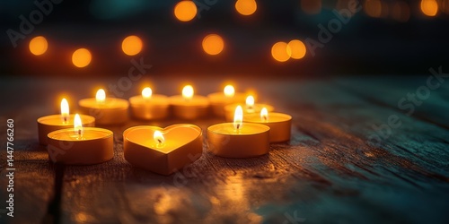 Heart-shaped candle surrounded by smaller candles creates a warm, cozy atmosphere on a wooden surface at night
