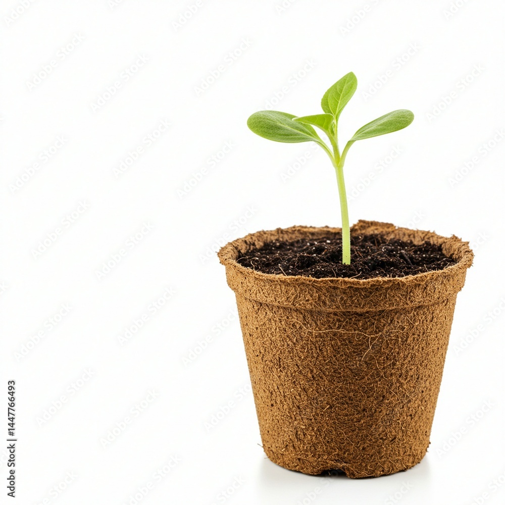 A vibrant sprout in a biodegradable pot against a white background. A vibrant sprout in a biodegradable pot against a white background.