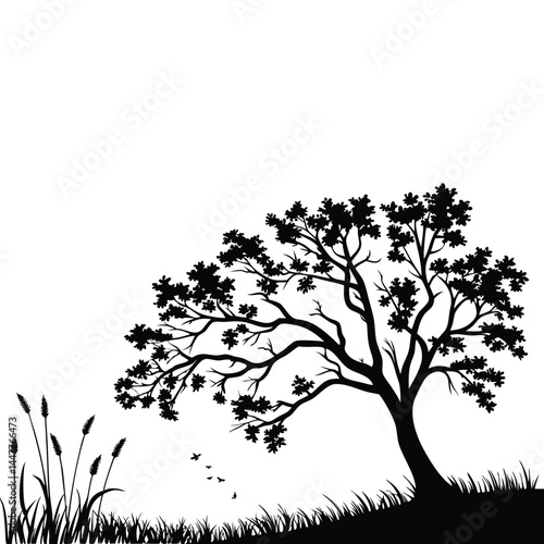 Minimalist black tree silhouette with leaves, grass, dramatic nature inspired contrast