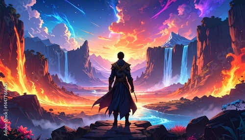 Illustration of a mysterious anime protagonist with a cloak, back facing the viewer, overlooking a landscape split by elements one side fire and desert, the other ice and waterfalls, all under a glowi