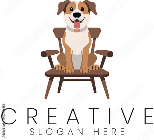 Adorable Dog Sitting on Wooden Chair Happy Pet Design Logo Illustration art cute pets home icon cute