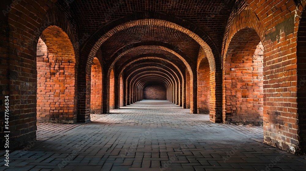 Fototapeta premium Brick Archway Corridor: A long corridor with a series of brick arches creates a dramatic perspective.