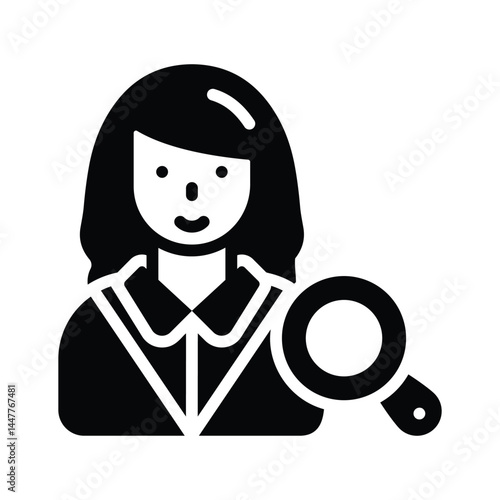 A modern glyph style icon depicting female auditor with magnifier