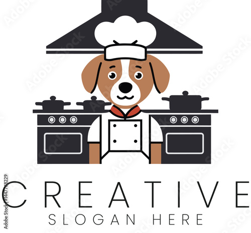 Adorable Dog Chef Cooking Delicious Food Kitchen Illustration Design pet fun cute logo menu meal    
