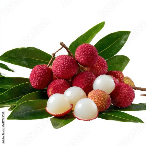 Lychee fruits and leaves still life on white background