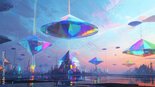 Floating crystalline structures above a vibrant futuristic city during colorful sunset sky