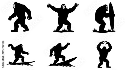 "gorilla art, strong gorilla, heart gorilla, surf gorilla, gorilla silhouette, bodybuilding gorilla, muscle monkey, heart symbol, animal strength, heroic gorilla, surfboard design, fitness mascot, gym