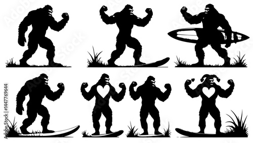 "gorilla art, strong gorilla, heart gorilla, surf gorilla, gorilla silhouette, bodybuilding gorilla, muscle monkey, heart symbol, animal strength, heroic gorilla, surfboard design, fitness mascot, gym