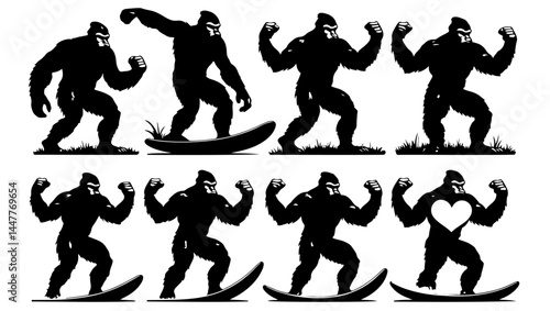 "gorilla art, strong gorilla, heart gorilla, surf gorilla, gorilla silhouette, bodybuilding gorilla, muscle monkey, heart symbol, animal strength, heroic gorilla, surfboard design, fitness mascot, gym
