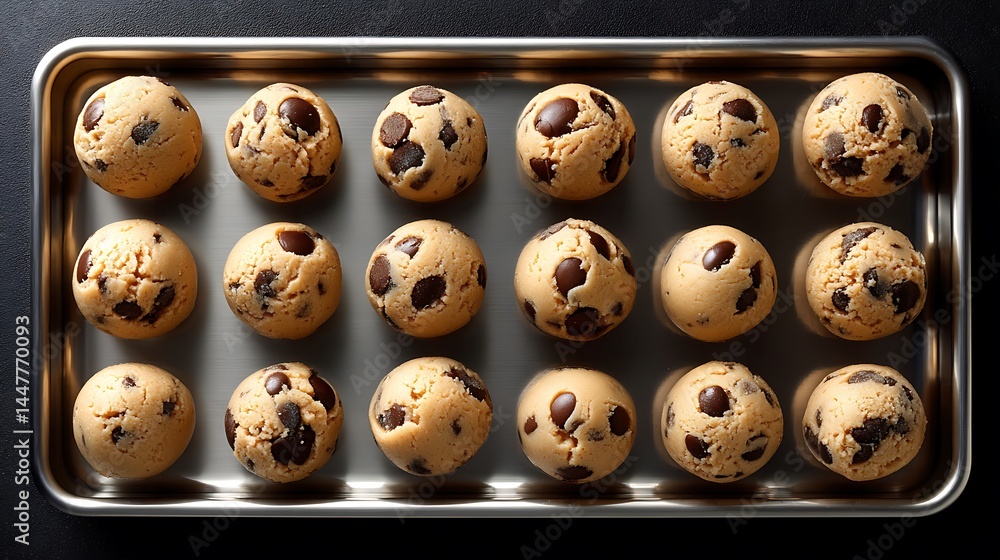 Obraz premium Baking sheet with chocolate chip cookie dough balls
