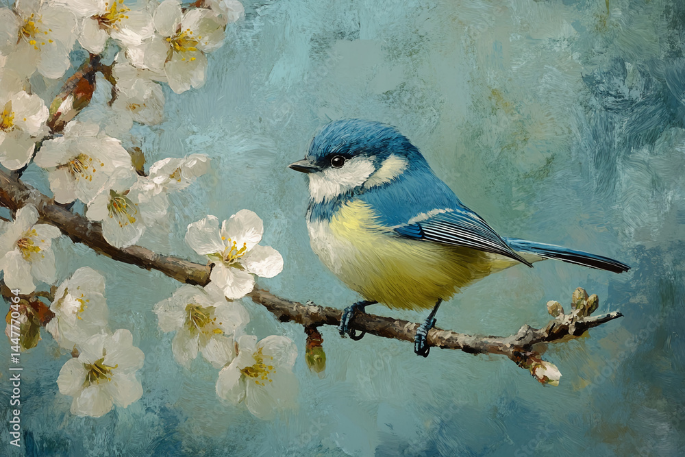Fototapeta premium Blue tit perched on flowering branch, painted in textured style, conveying spring, nature, and serenity