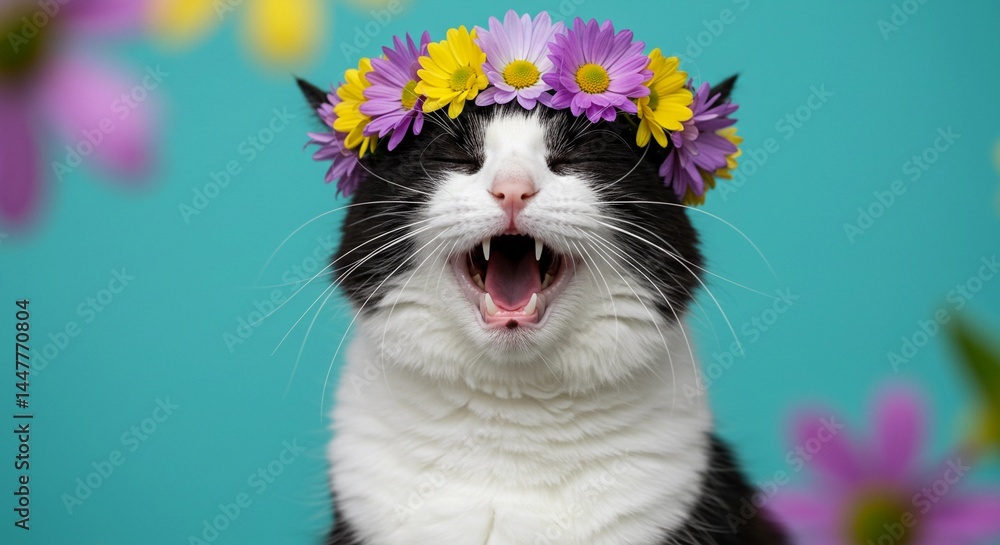 Fototapeta Spring in a smile: a fluffy cat laughing with a wreath of flowers on a background of pastel shades and a dreamy atmosphere