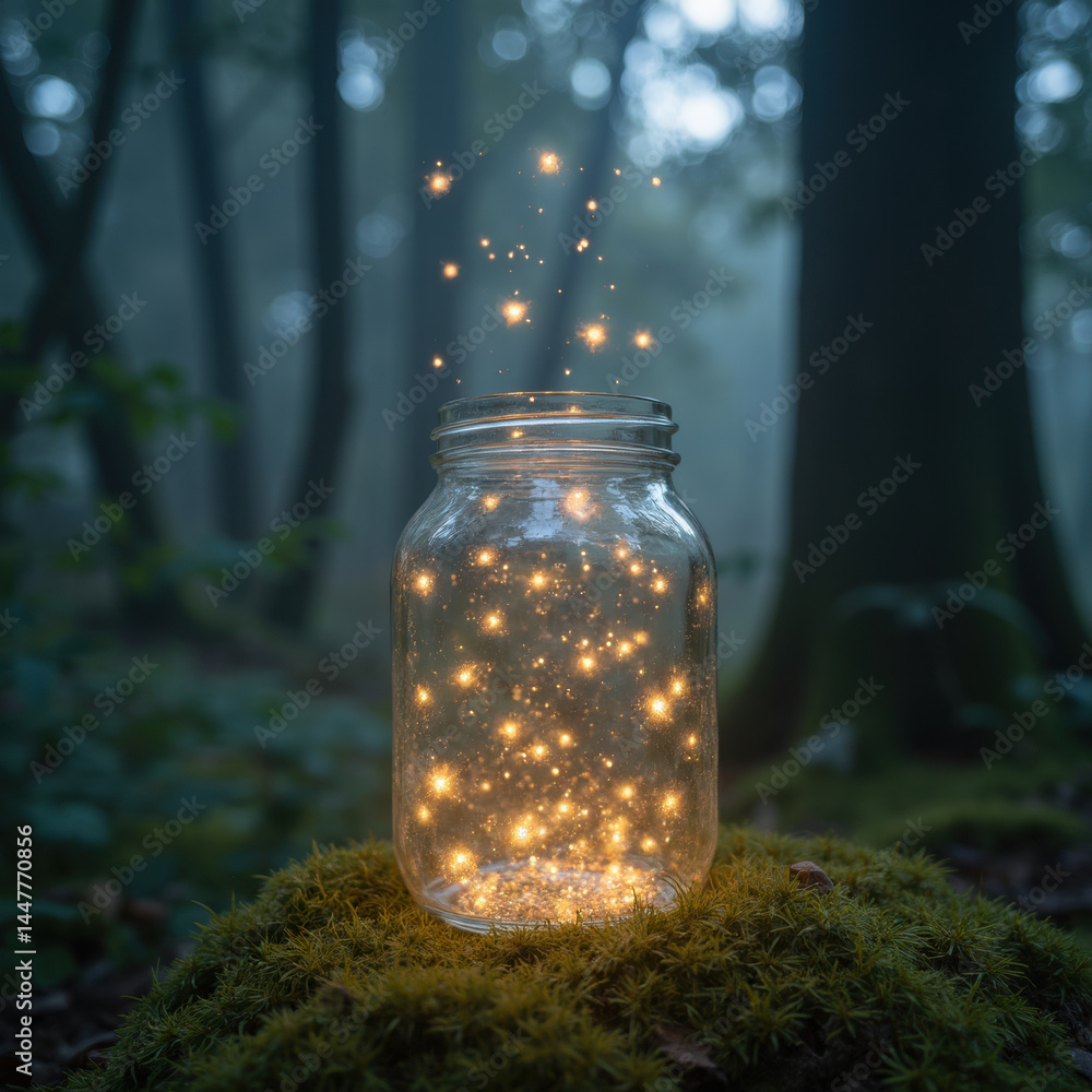 magical jar filled with glowing particles sits on mossy surface in misty forest, creating enchanting atmosphere magical jar filled with glowing particles sits on mossy surface in misty forest, creating enchanting atmosphere