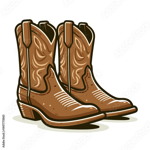 Brown cowboy boots with decorative stitching. Perfect for western style fashion, country music events, and rodeo competition promotions.