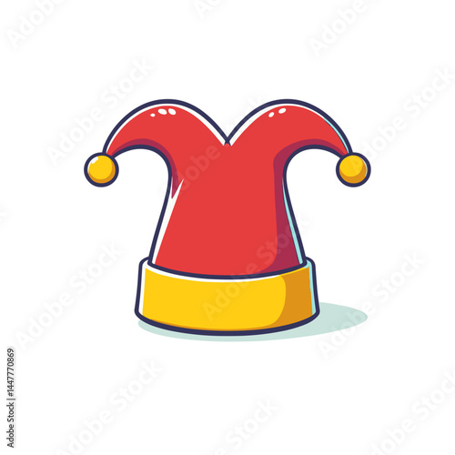 Red jester hat with yellow bells. Perfect for carnival celebrations, medieval festival themes, and theatrical costume design.