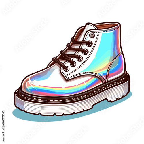 Stylish holographic platform boot. Ideal for fashion trends, alternative style, and youth culture content illustrations.