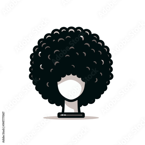 Black afro wig on mannequin head. Ideal for beauty supply stores, hairstyling tutorials, and cultural fashion illustrations.