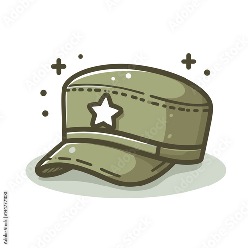 Military style cap with star in olive green. Perfect for army themes, uniform illustrations, and patriotic content.