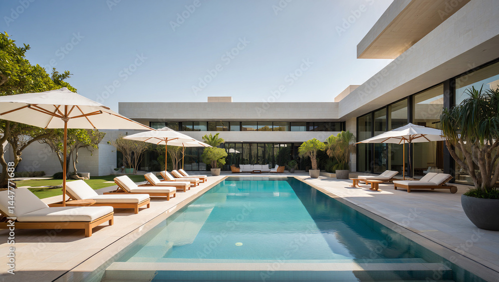 Fototapeta premium Luxurious modern villa with a pristine swimming pool, sun loungers, and umbrellas, surrounded by lush greenery under a clear blue sky.