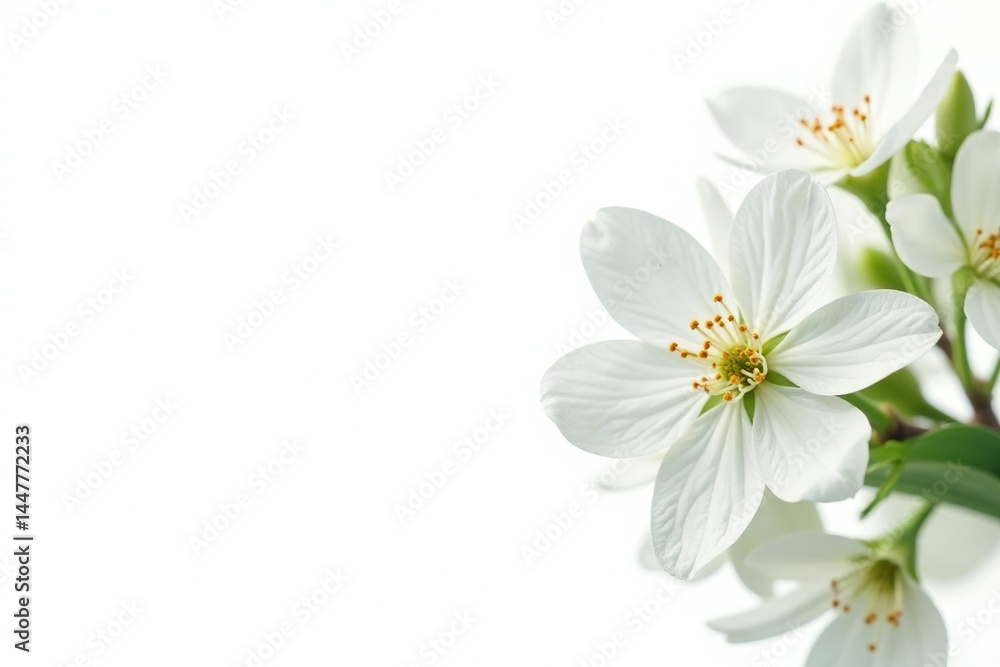 Obraz premium Delicate white flower blossoms against pure white background, invitation, bright, purity