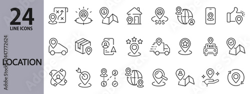 Location line icons set with Map, Track, Navigation, Marker, Destination, Position and more. Editable Stroke