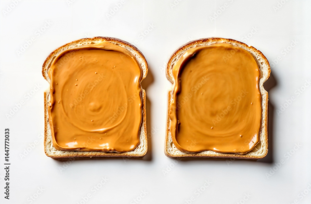 Peanut Butter Toast. Two slices of toast with evenly spread peanut butter on a white background. Simple, appetizing food photography for breakfast concepts.