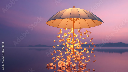 Glowing Origami Butterflies Flowing from Levitating Umbrella over Calm Lake