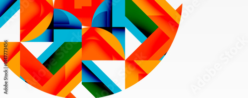Abstract geometric shapes form partial circle. Bright colors dominate composition, creating dynamic visual impact. Modern design elements present.
