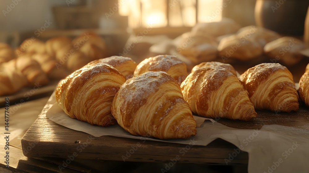 A stacked bunch of delicious croissants showcasing their flaky texture and golden brown color for breakfast A stacked bunch of delicious croissants showcasing their flaky texture and golden brown color for breakfast