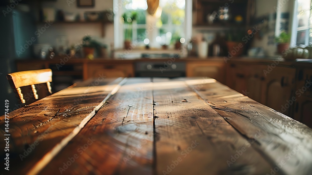 Empty rustic wooden table surface in sharp focus, positioned in front of a softly blurred, sunlit country kitchen interior. Ideal background for product display.
Empty rustic wooden table surface in sharp focus, positioned in front of a softly blurred, sunlit country kitchen interior. Ideal background for product display.