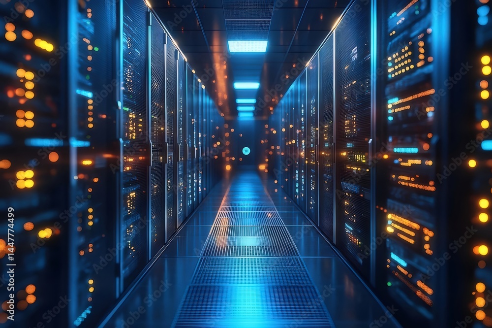 青とオレンジの光が照らすデータセンターの通路 サーバーラックが並ぶ未来的な空間 青とオレンジの光が照らすデータセンターの通路 サーバーラックが並ぶ未来的な空間