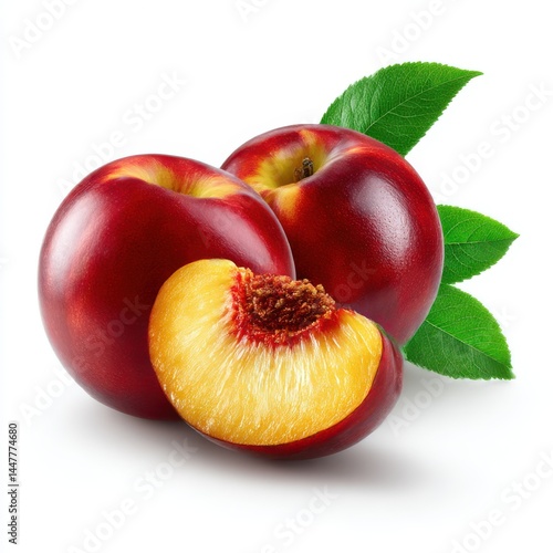 Two nectarines and slice on white background