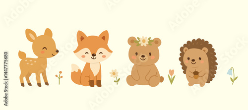 Collection of flat vector illustration with forest animals. Bear deer fox hedgehog wild boar. Cute children s illustrations on white background. little baby animals kawaii .