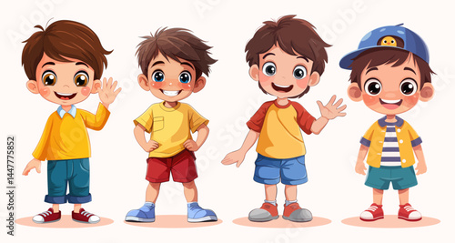 Cute little boys in different poses. Vector cartoon character illustration.
