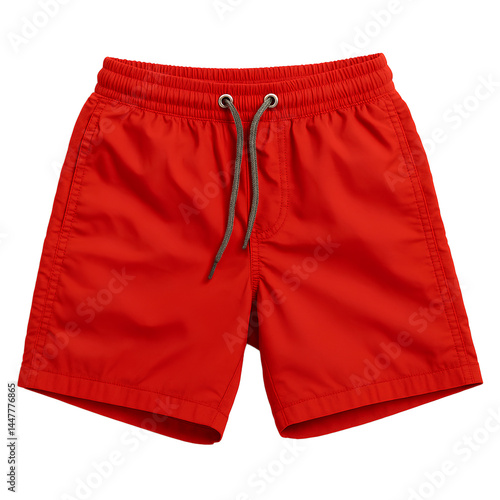 A pair of red swim shorts with a drawstring waistband, displayed on a white background.