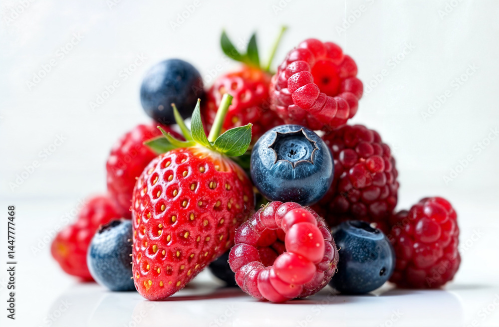 Fresh Berries on White. Small pile of fresh strawberries, raspberries, and blueberries on white background. Vibrant healthy snack photography for nutrition content
