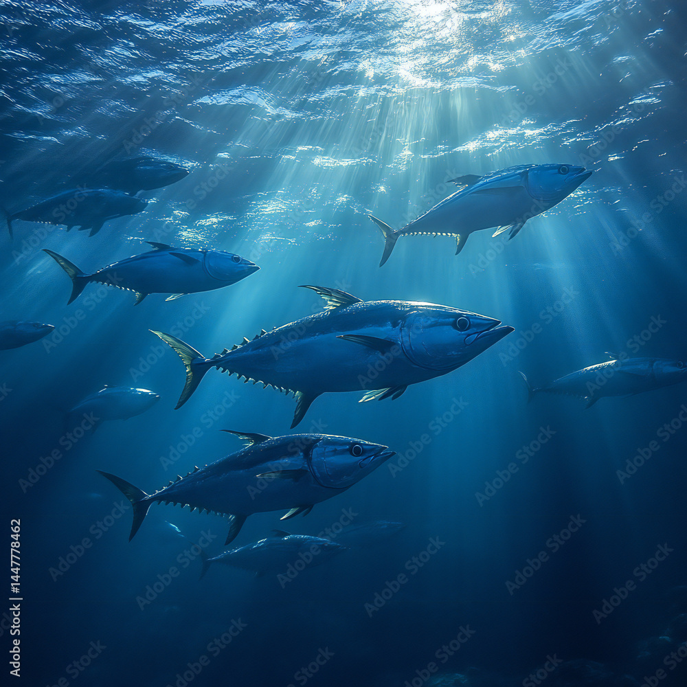 Obraz premium A school of tuna swimming swiftly through the open ocean, with sunlight filtering down
