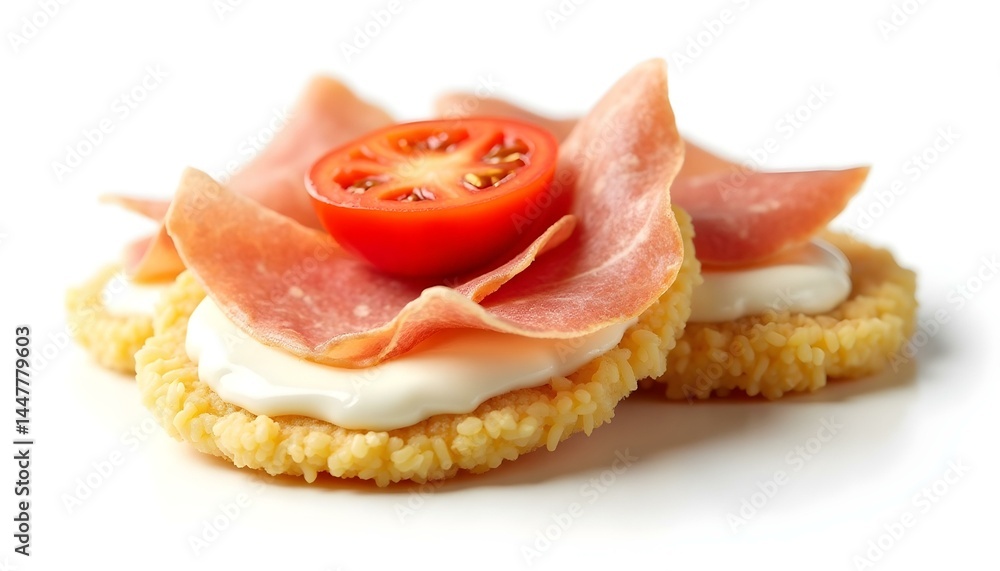 Rice cakes with cream cheese, prosciutto and tomato top view isolated on white background Rice cakes with cream cheese, prosciutto and tomato top view isolated on white background